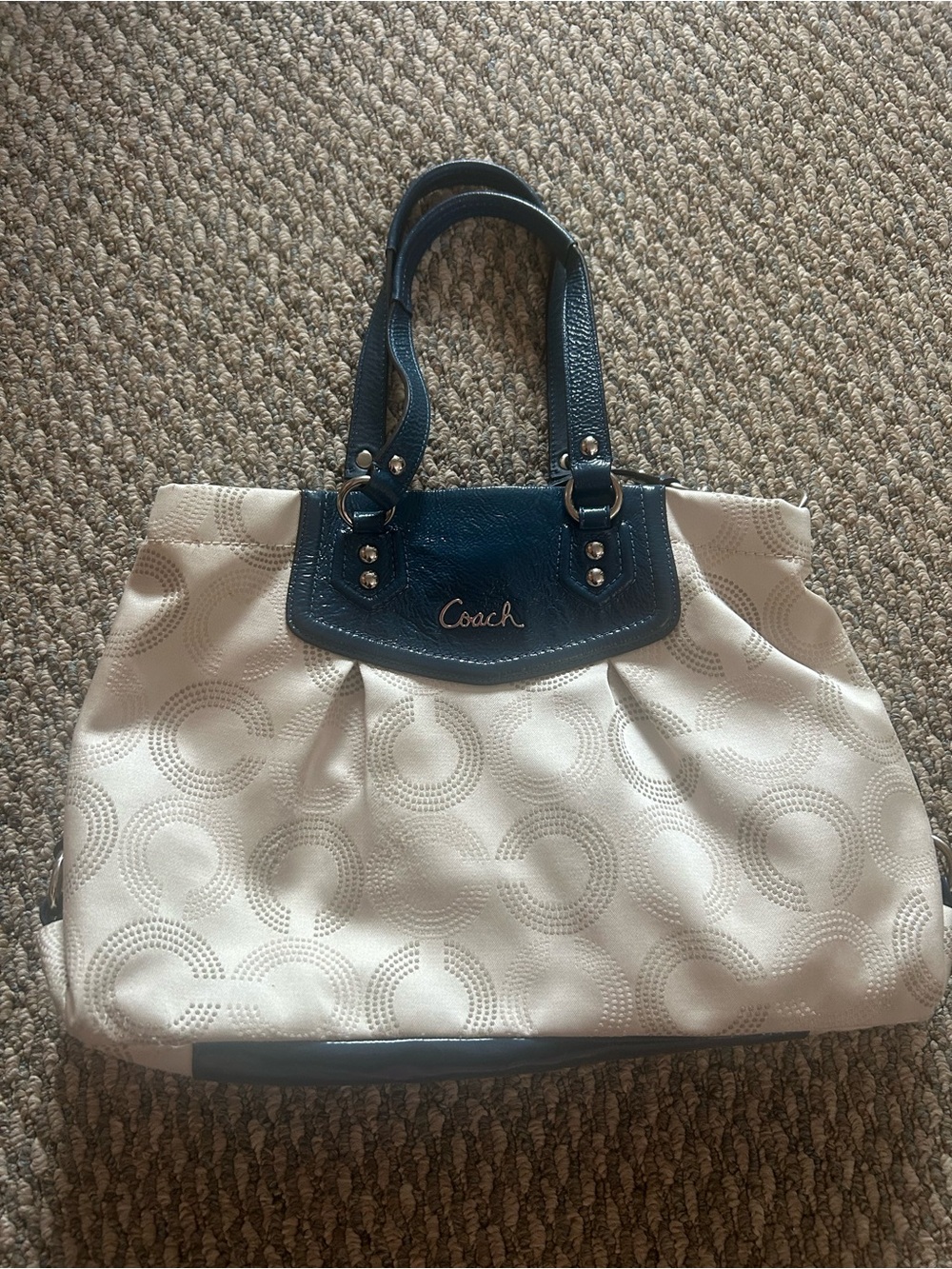 COACH Purse Ashley F20056 Dotted Op Art Gathered Navy Blue Bag